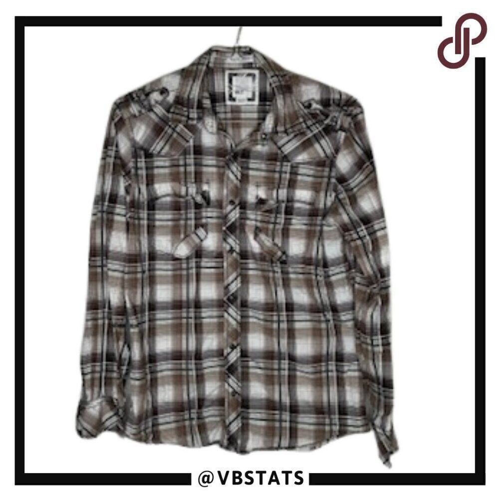 BKE‎ Slim Fit Stretch Medium Brown/Black/White Plaid Trendy Flannel Top